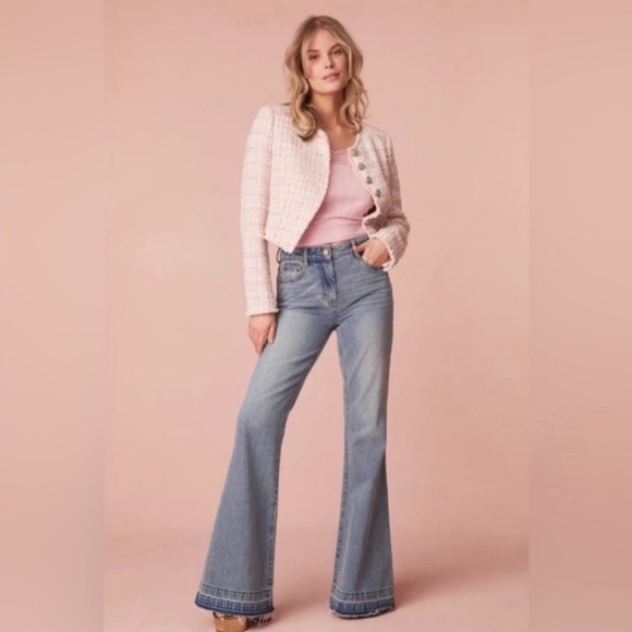 Love Shack Fancy Kala Flare Jeans High Rise Bow Detail Montauk Blue Size 25 New - Picture 1 of 15